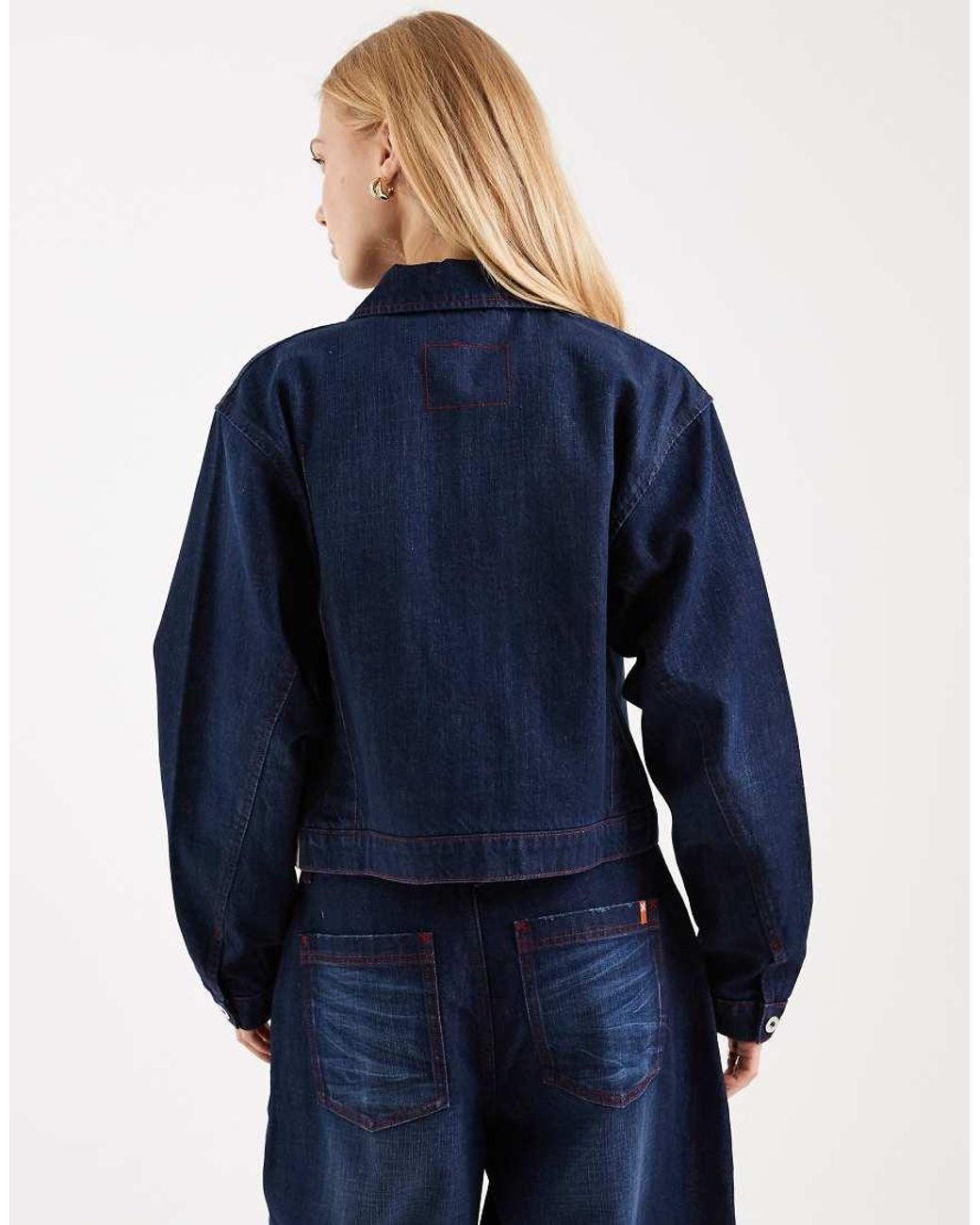 Collusion Blue Circular Design Collection Boxy Crop Denim Jacket Co Ord