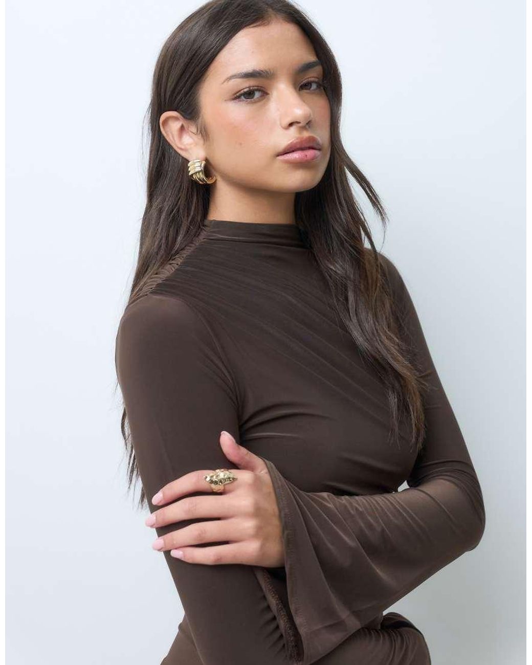 Kaiia Brown Exclusive Double Sculpted Slinky Asymmetric Shoulder Flare Sleeve Mini Dress