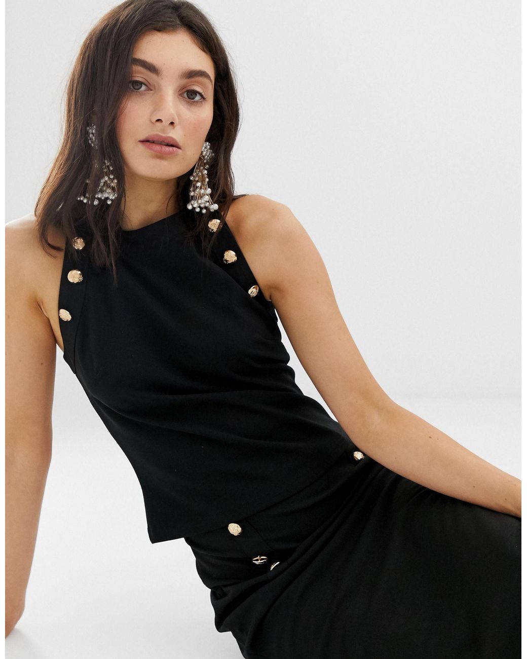 UNIQUE21 Sleeveless High Neck Top With Gold Buttons in Black | Lyst