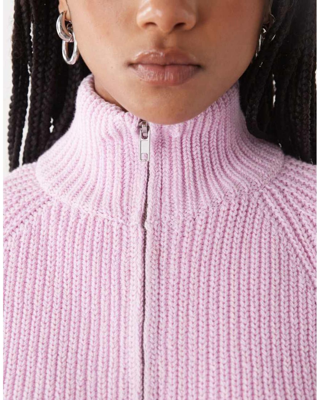 Monki Pink Rib Knit Two Way Zipper Cardigan