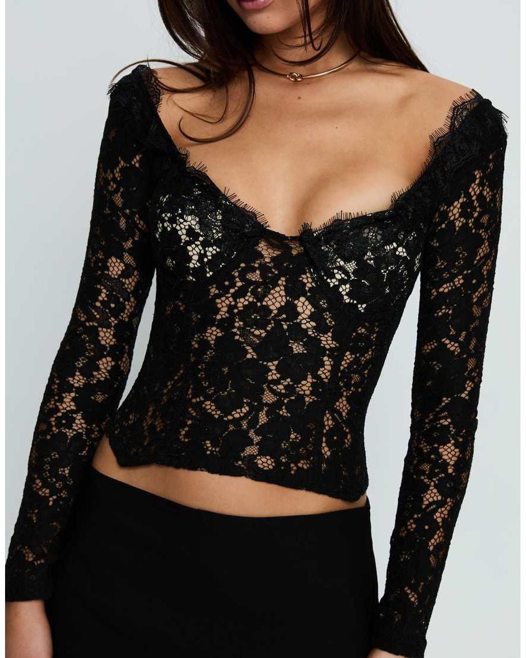 Princess Polly Black Lace Eyelash Trim Corset Tie Back Detail Top