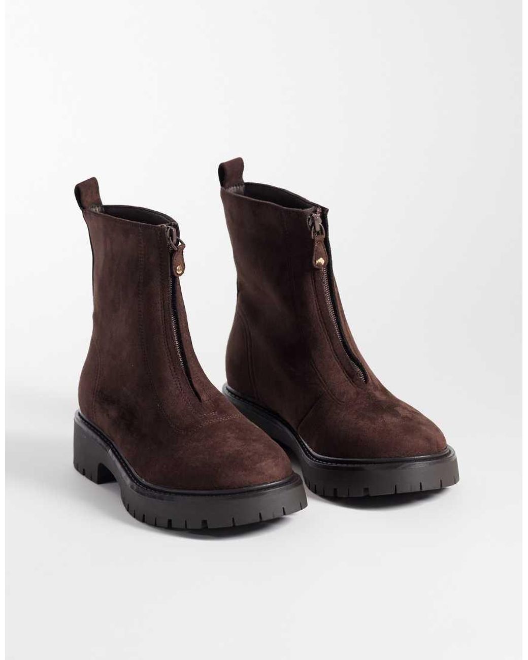 London Rebel Brown Carolina Faux Suede Chunky Zip Front Ankle Boots