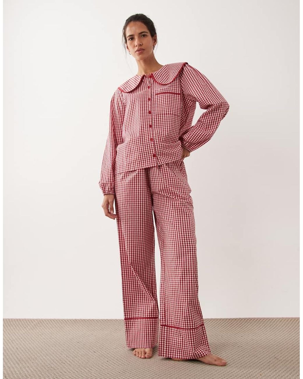 Threadbare Pink Poplin Check Button Down Pyjama Set With Frill Detail