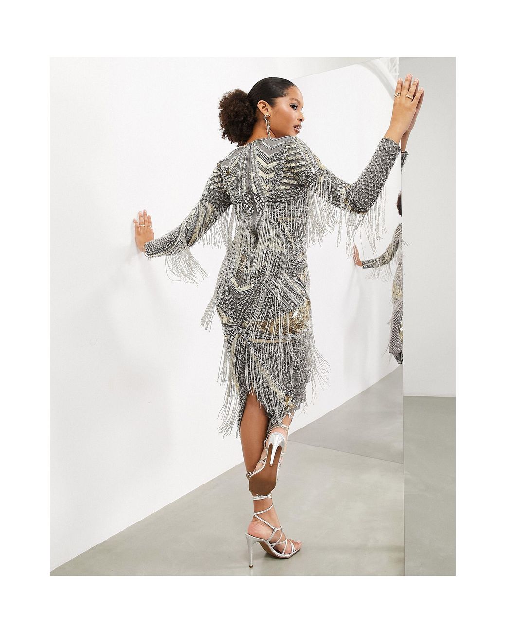 asos edition starburst midi dress with fringe ASOS EDITION sequin cami midi dress with floral beaded fringe in gold