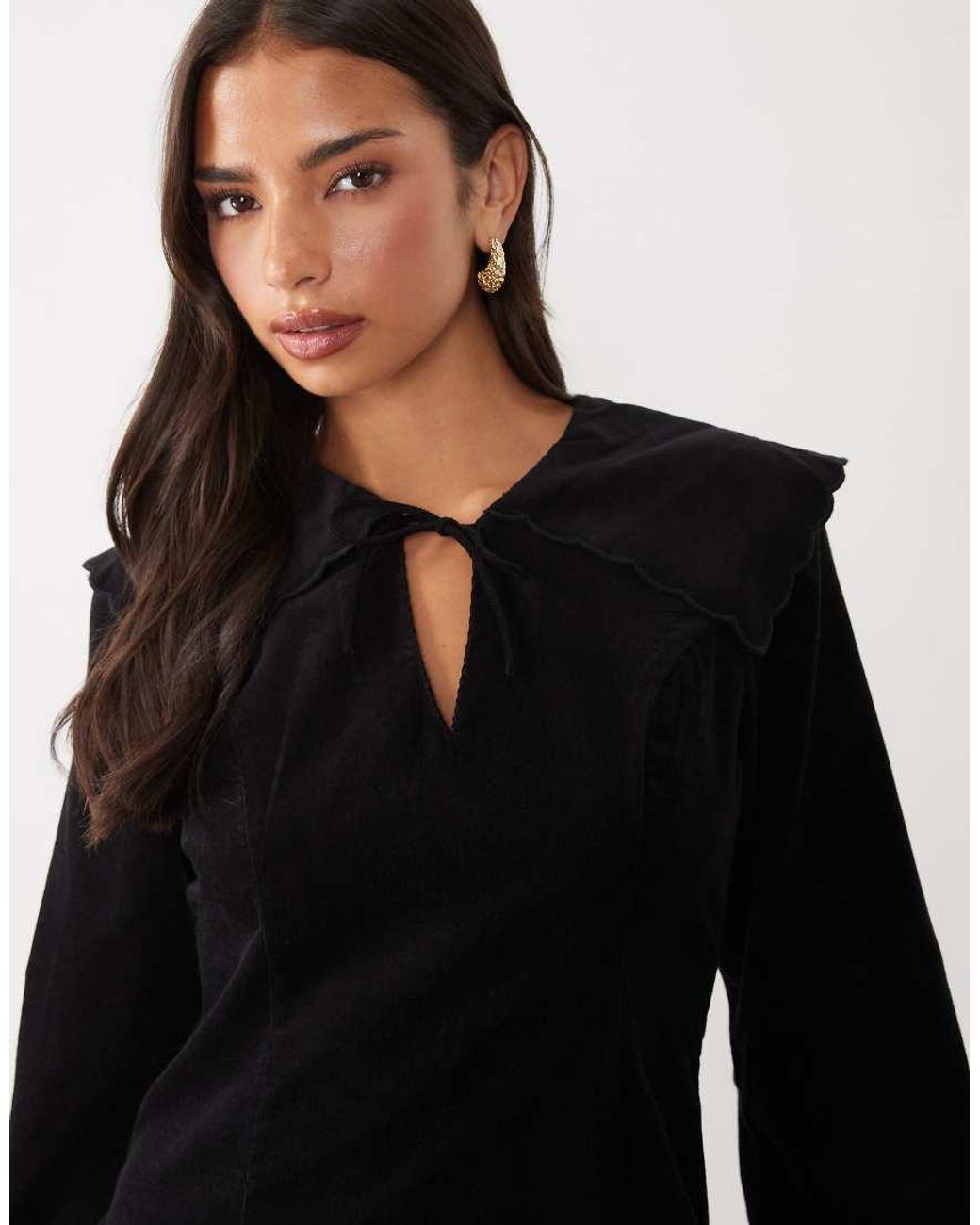Nobody's Child Black Hannah Cord Oversized Collar Tie Front Mini Dress
