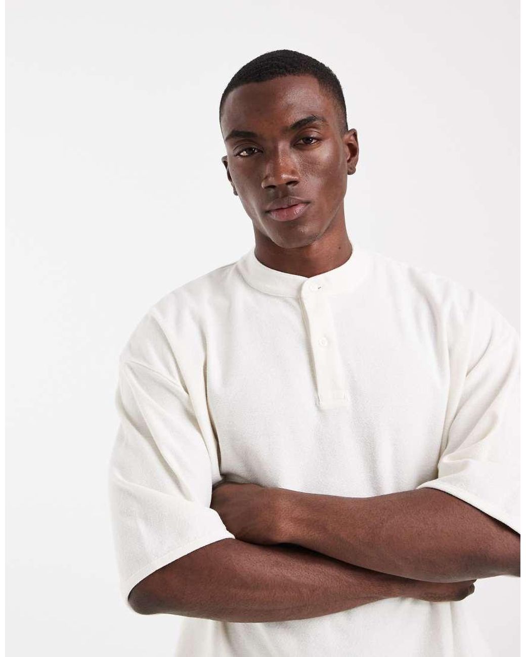 ASOS White Boxy Oversized T-shirt With Henley Neck And Elasticated Hem for men