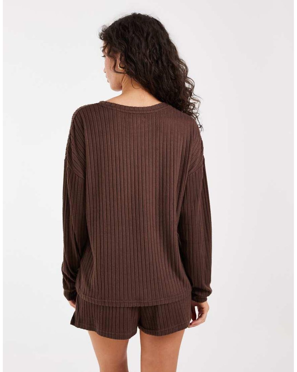 Loungeable Brown Heather Super Soft Knit Crew Neck Sweater And Shorts