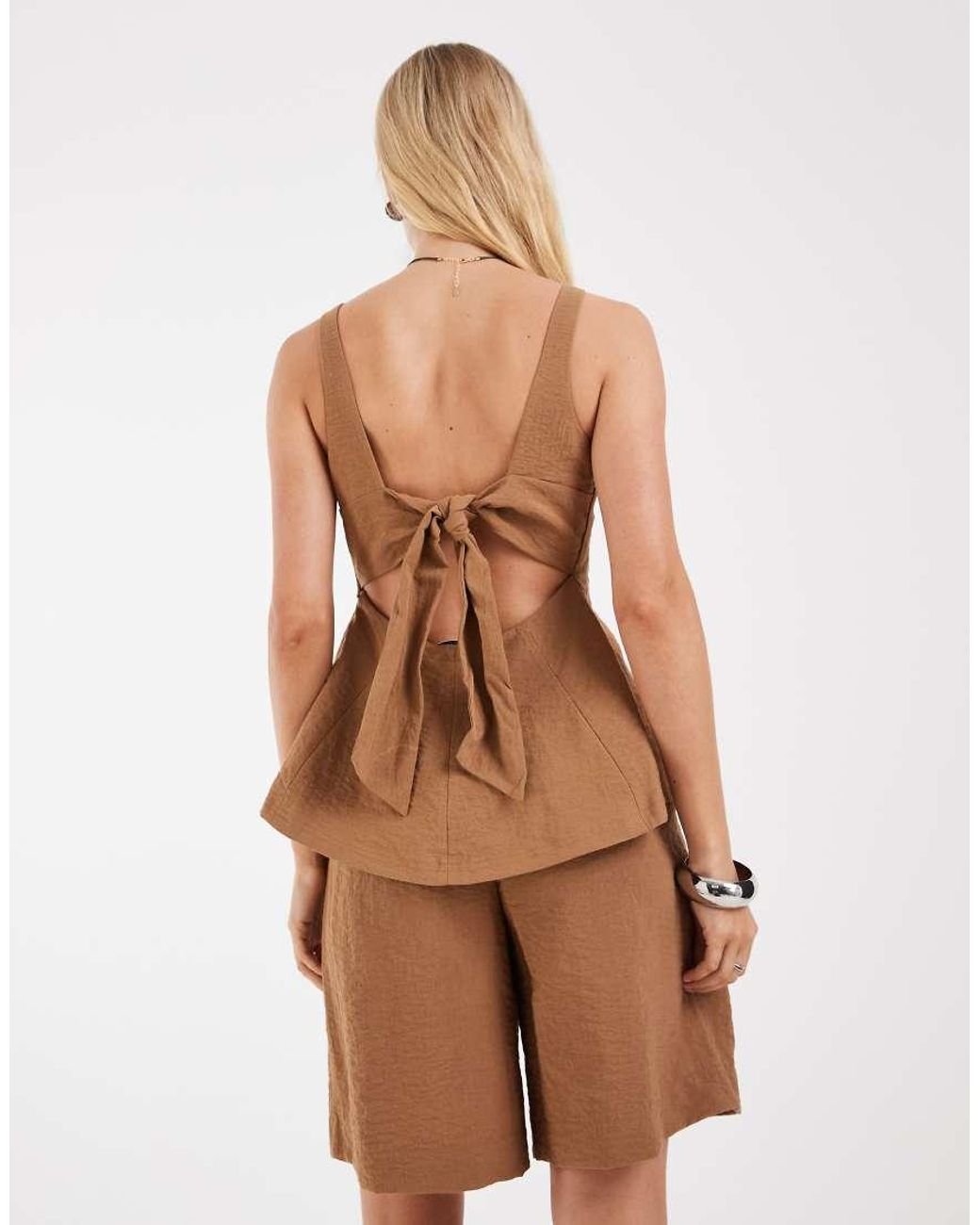 Object Natural Crinkle Textured Tailored Tie Back Peplum Hem Top Co-ord