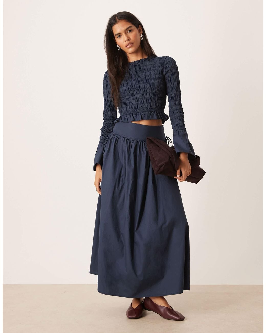 Glamorous Blue Long Sleeve Shirred Top