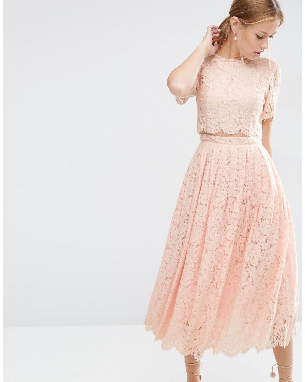 utilfredsstillende effekt fraktion ASOS Asos Lace Crop Top Midi Prom Dress in Pink | Lyst