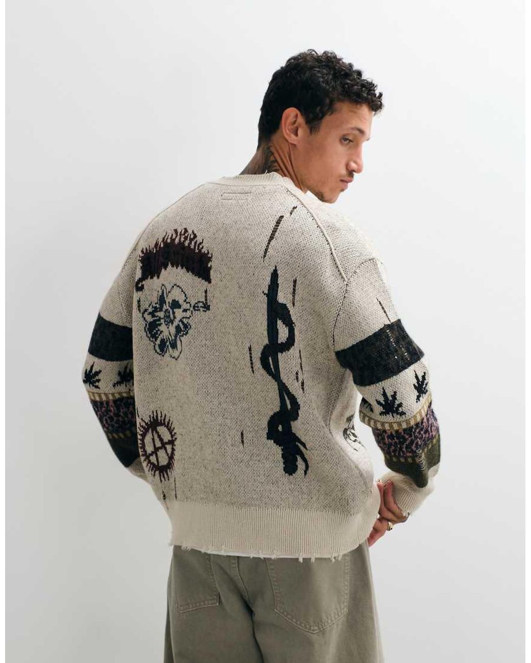 AllSaints White Bram Embroide Graphic Logo Knit Cardigan for men