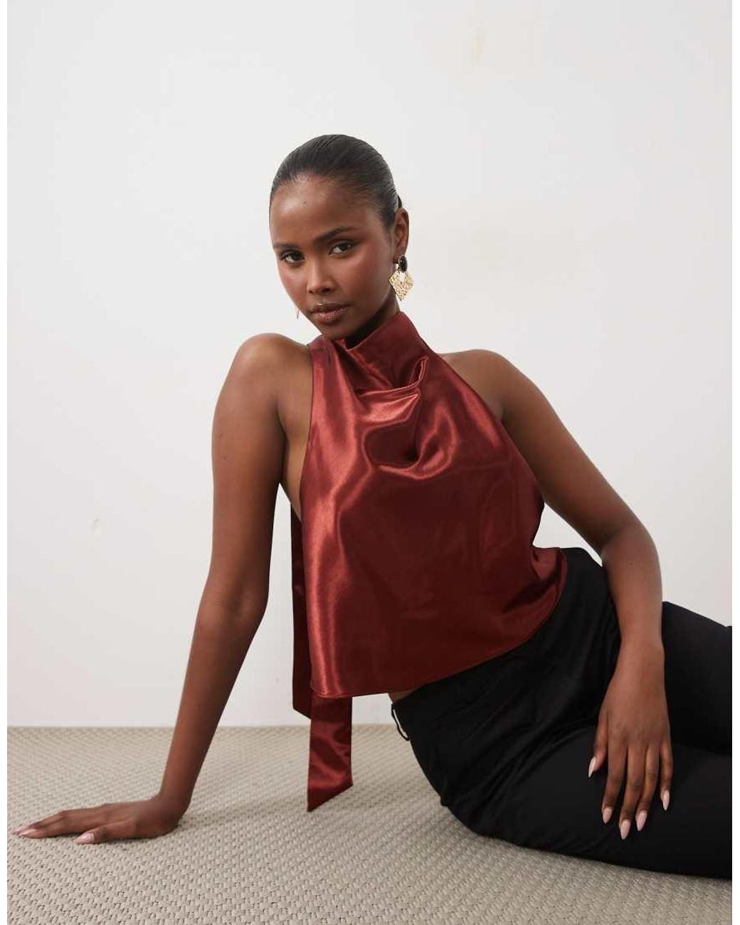 Bardot Red Satin High Cowl Neck Cropped Backless Top