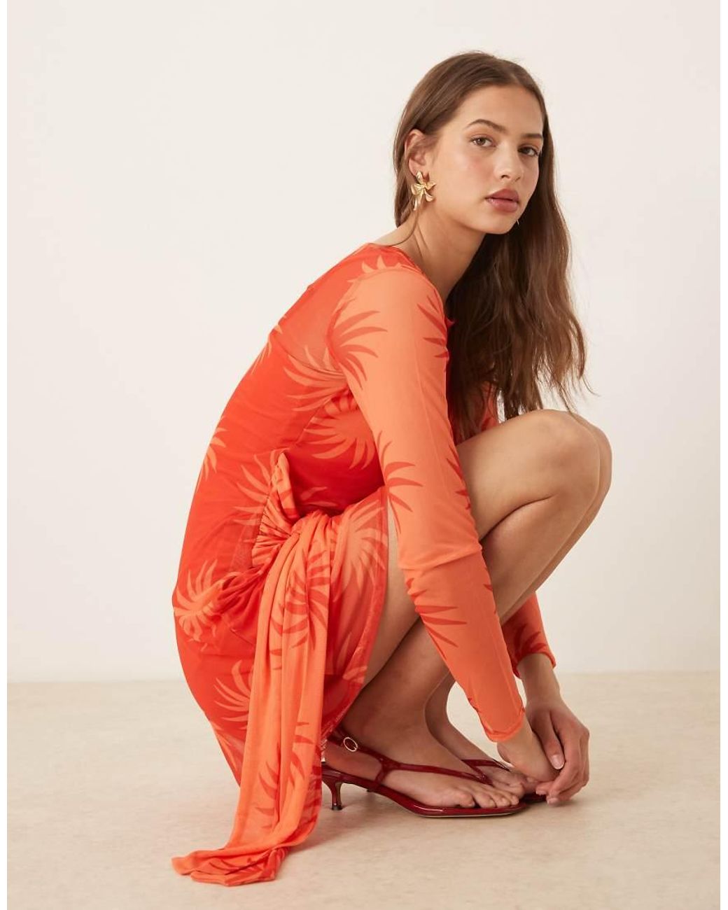 Never Fully Dressed Orange Long Sleeve Mesh Mini Dress