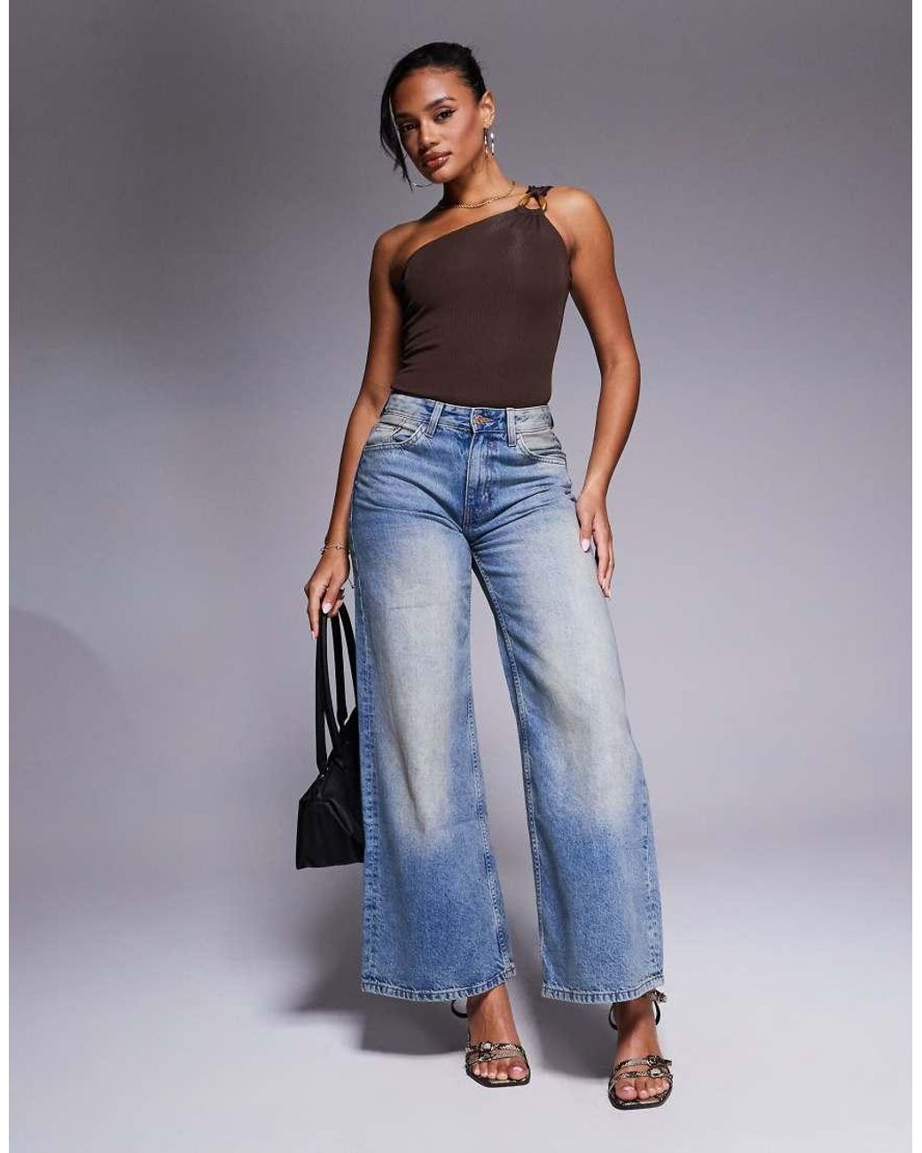 River Island Gray One Shoulder Trim Bodysuit