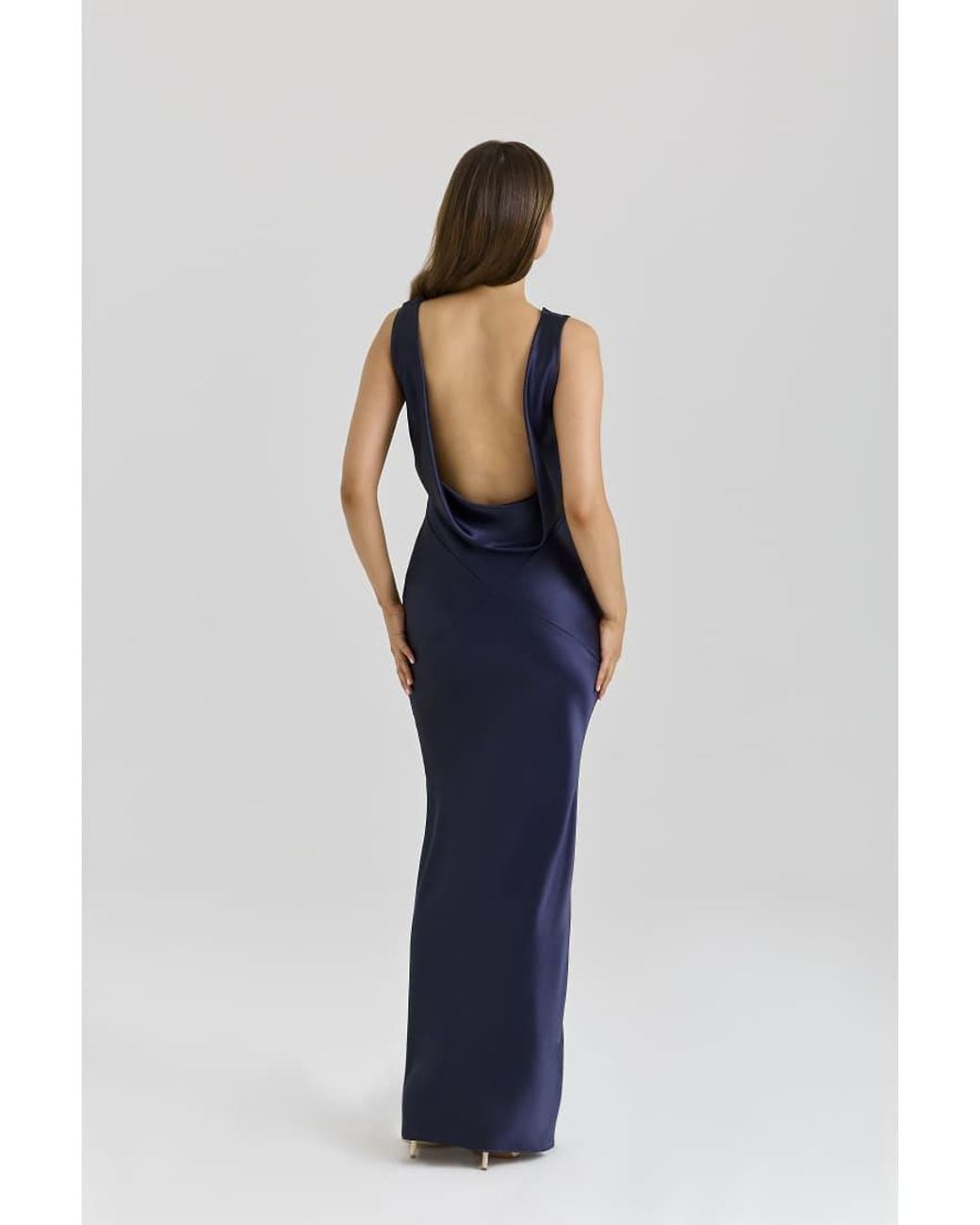 House Of Cb Blue Safaira Satin Draped Cowl Neck Maxi Dress