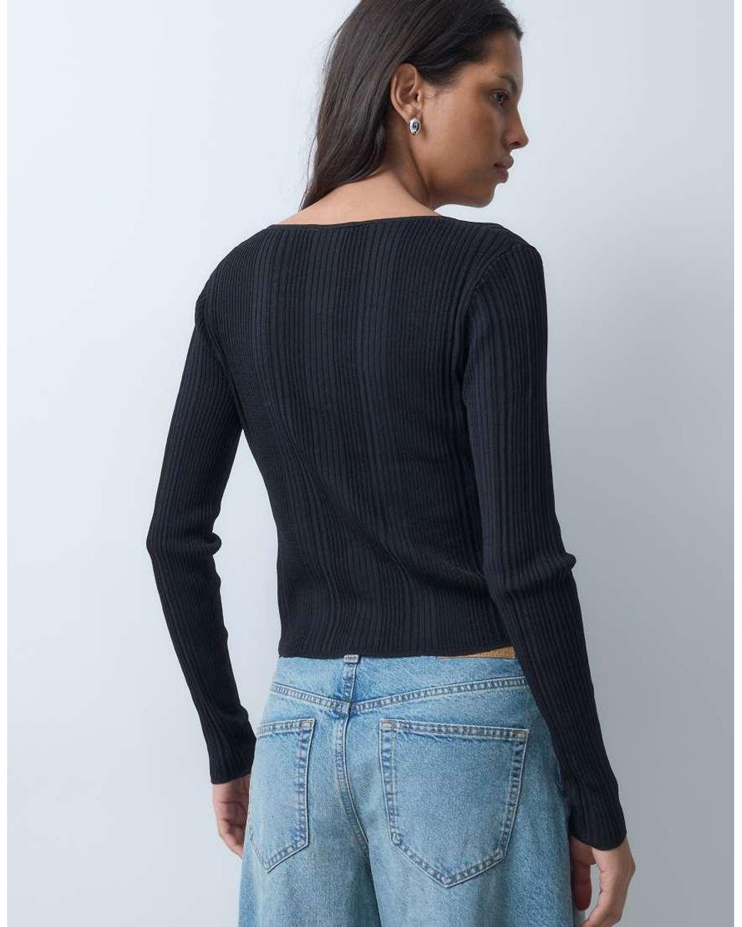 Miss Selfridge Blue Fine Knit Rib Top With Buttons