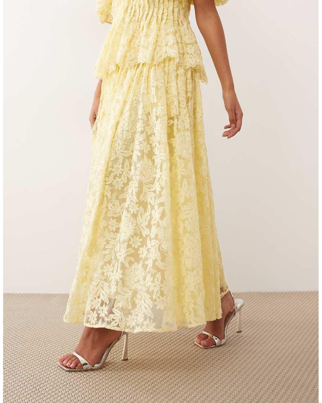 ARRANGE Natural Pleated Waist Embroidered Midaxi Skirt