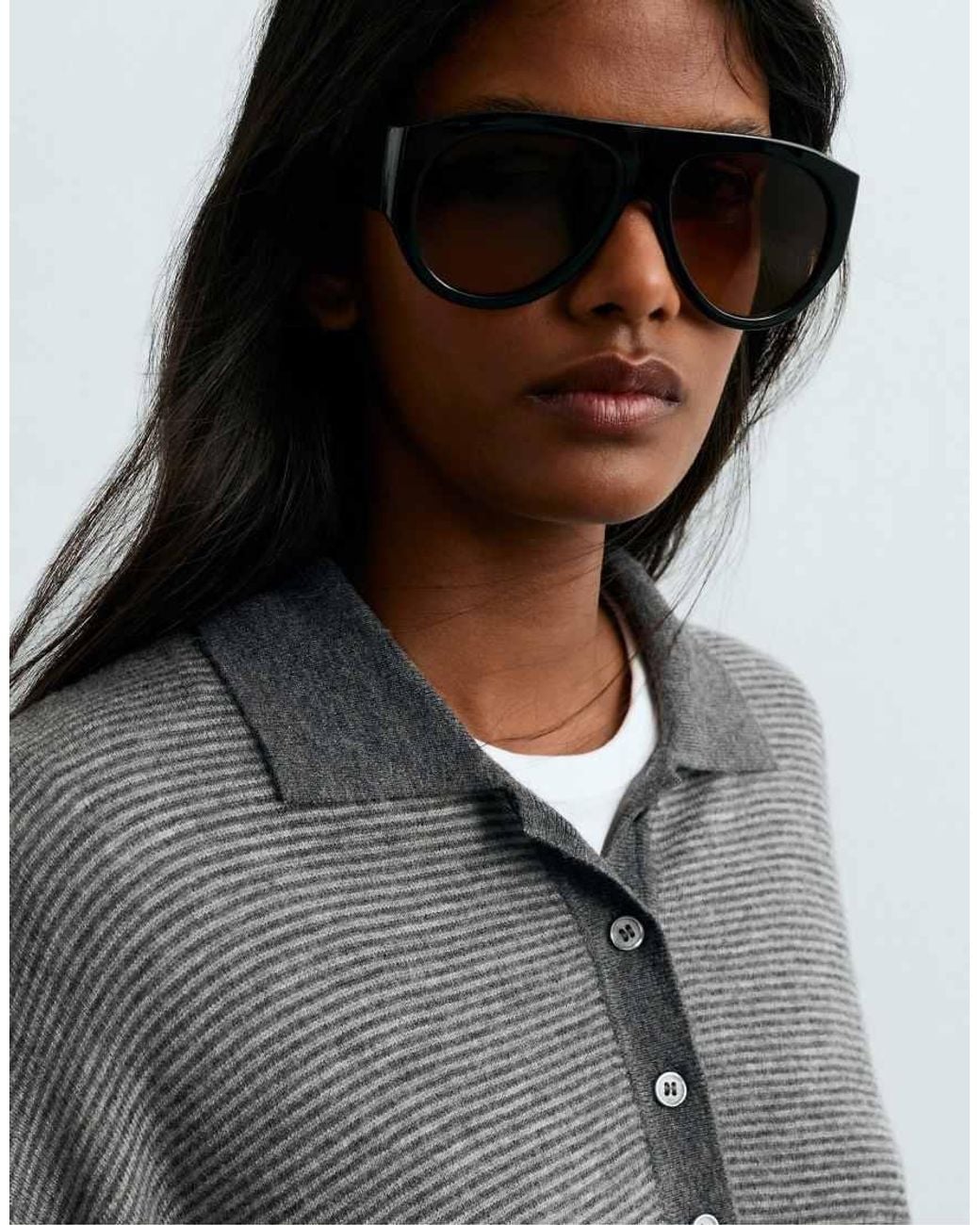 Oysho Gray Striped 100% Wool Polo Knit
