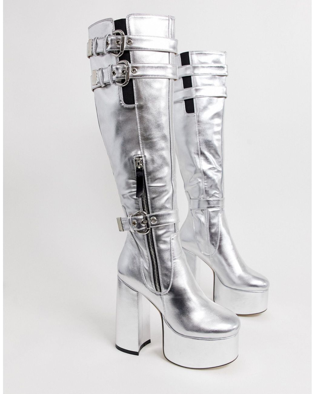 LAMODA Silver Platform Knee High Boots in Metallic | Lyst