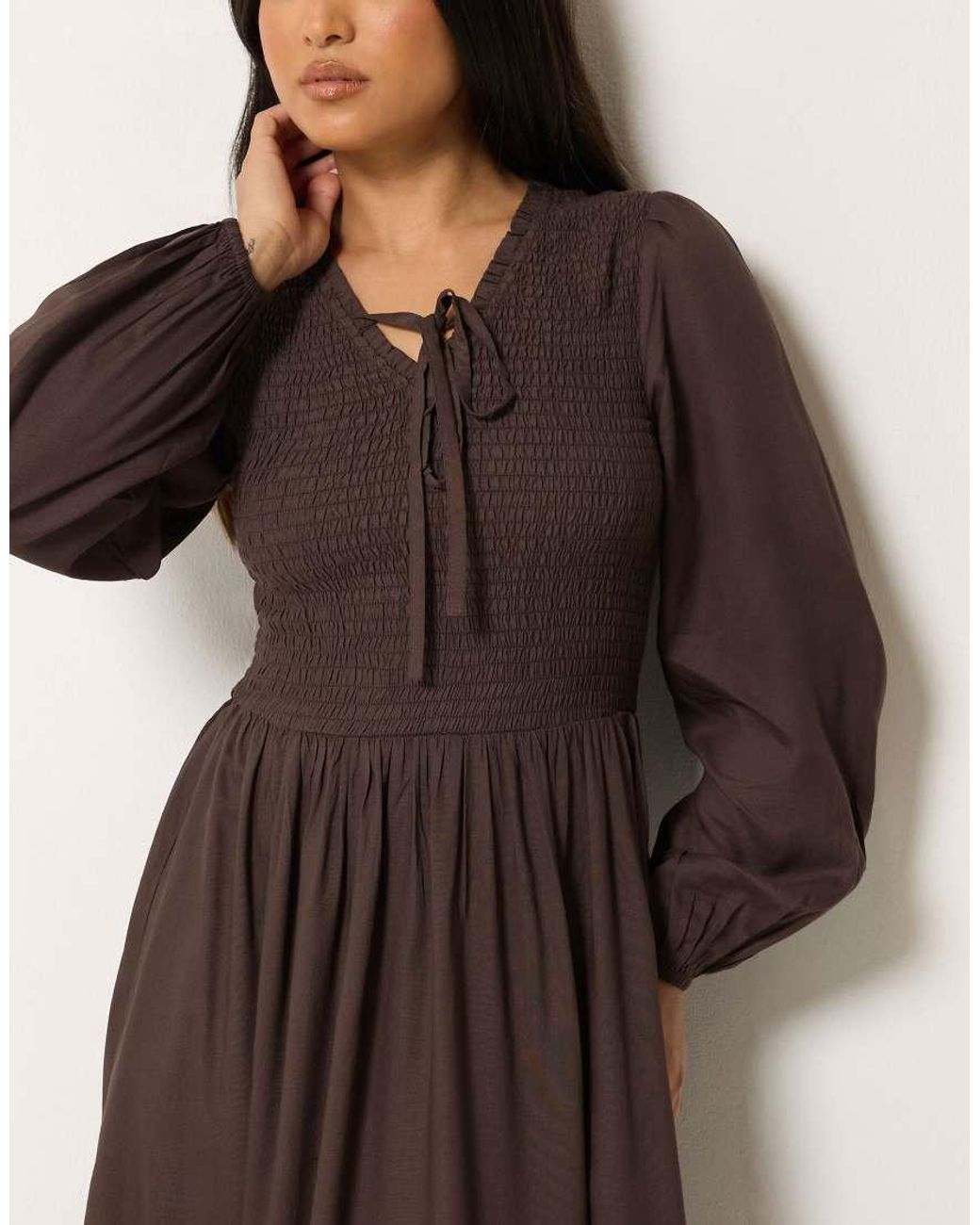 PixieGirl Brown Petite Shirred Midi Dress