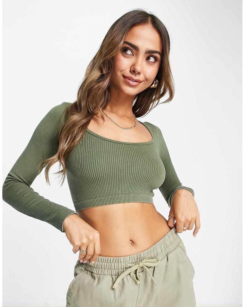 Stradivarius Green Seamless Scoop Neck Crop Top