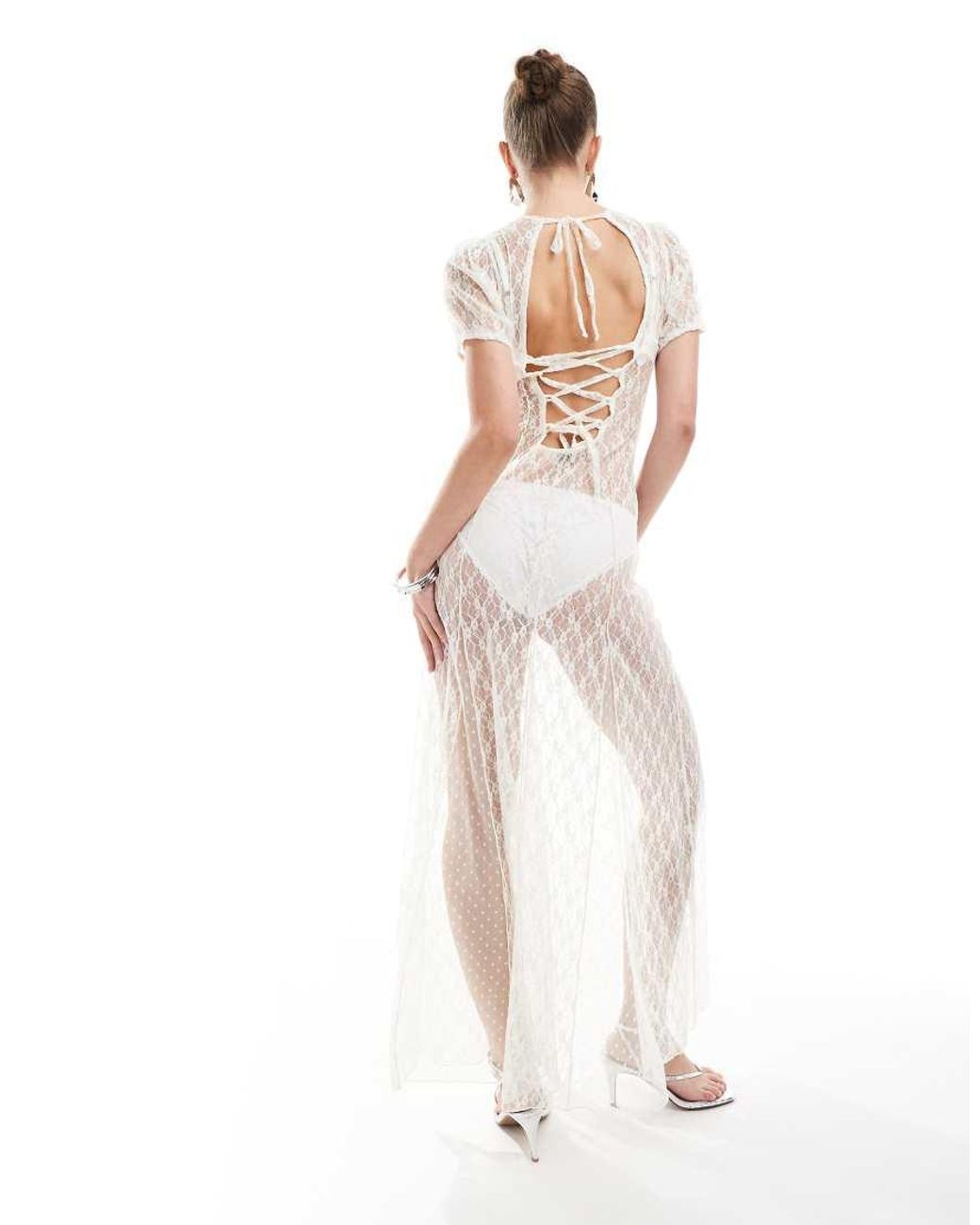 Miss Selfridge Festival Sheer Lace Maxi Dress With Godets in White | Lyst UK