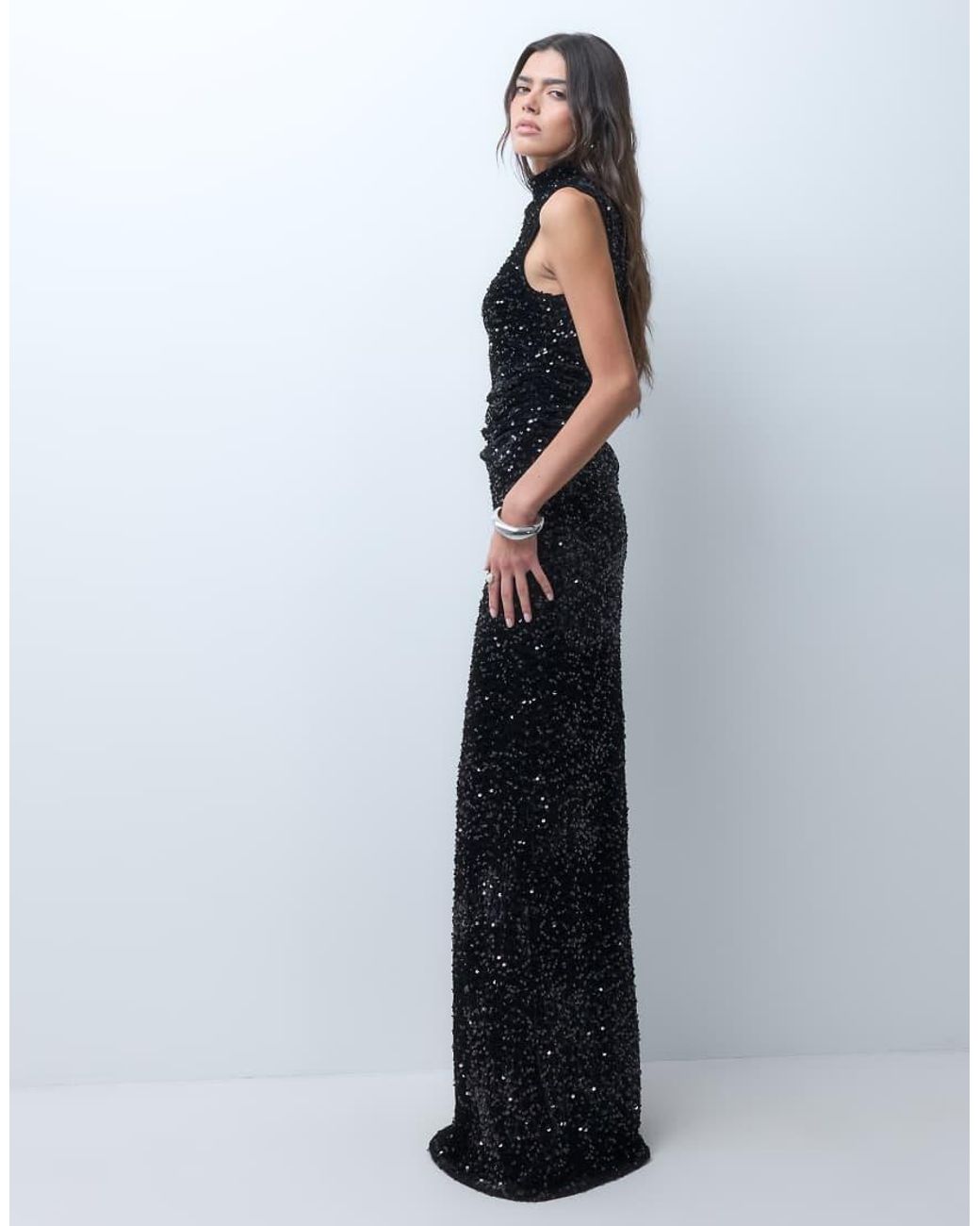 ASOS Blue Velvet Sequin Shoulder Pad Mesh Maxi Dress