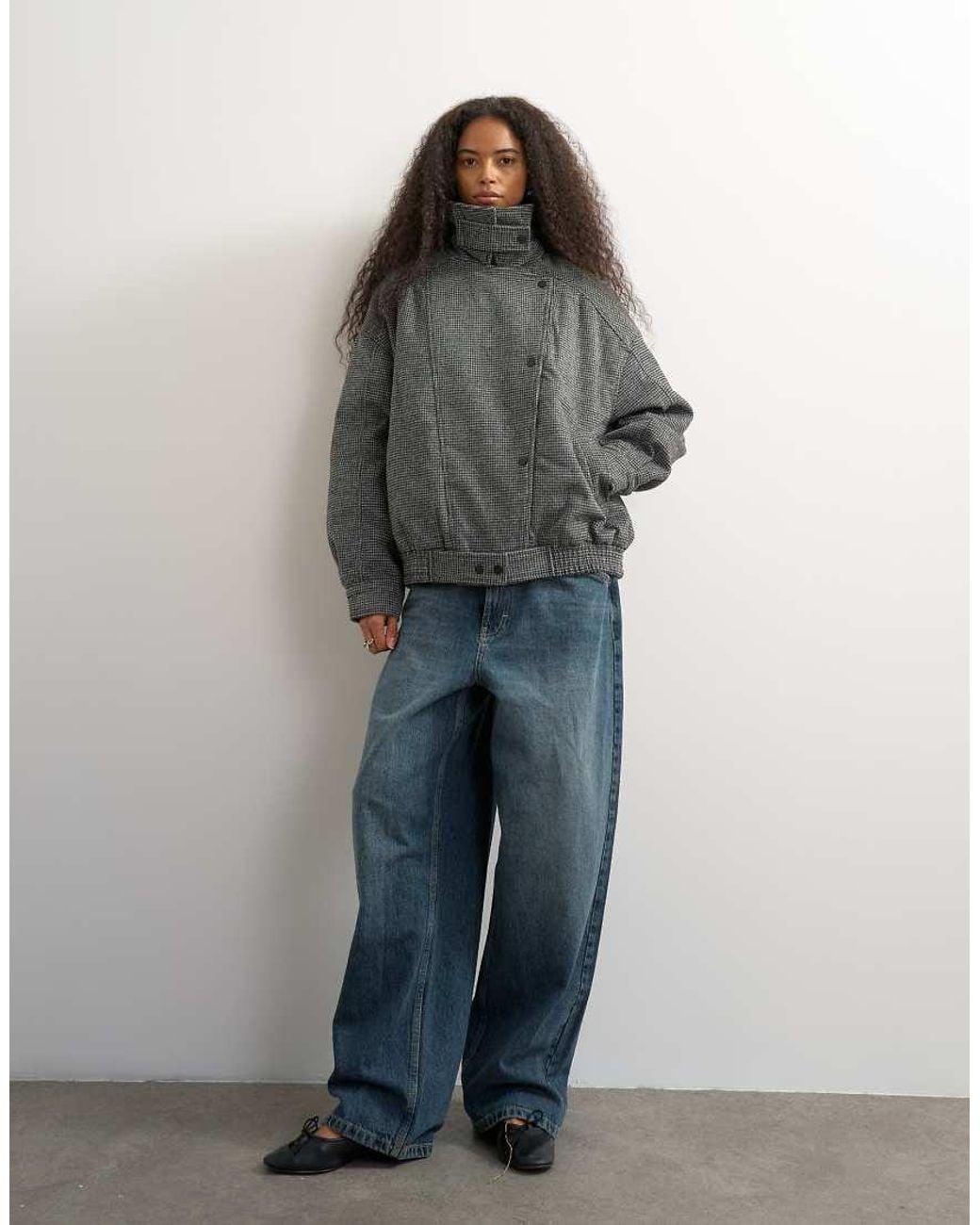 TOPSHOP Gray Funnel Neck Wool Belted Bomber Jacket
