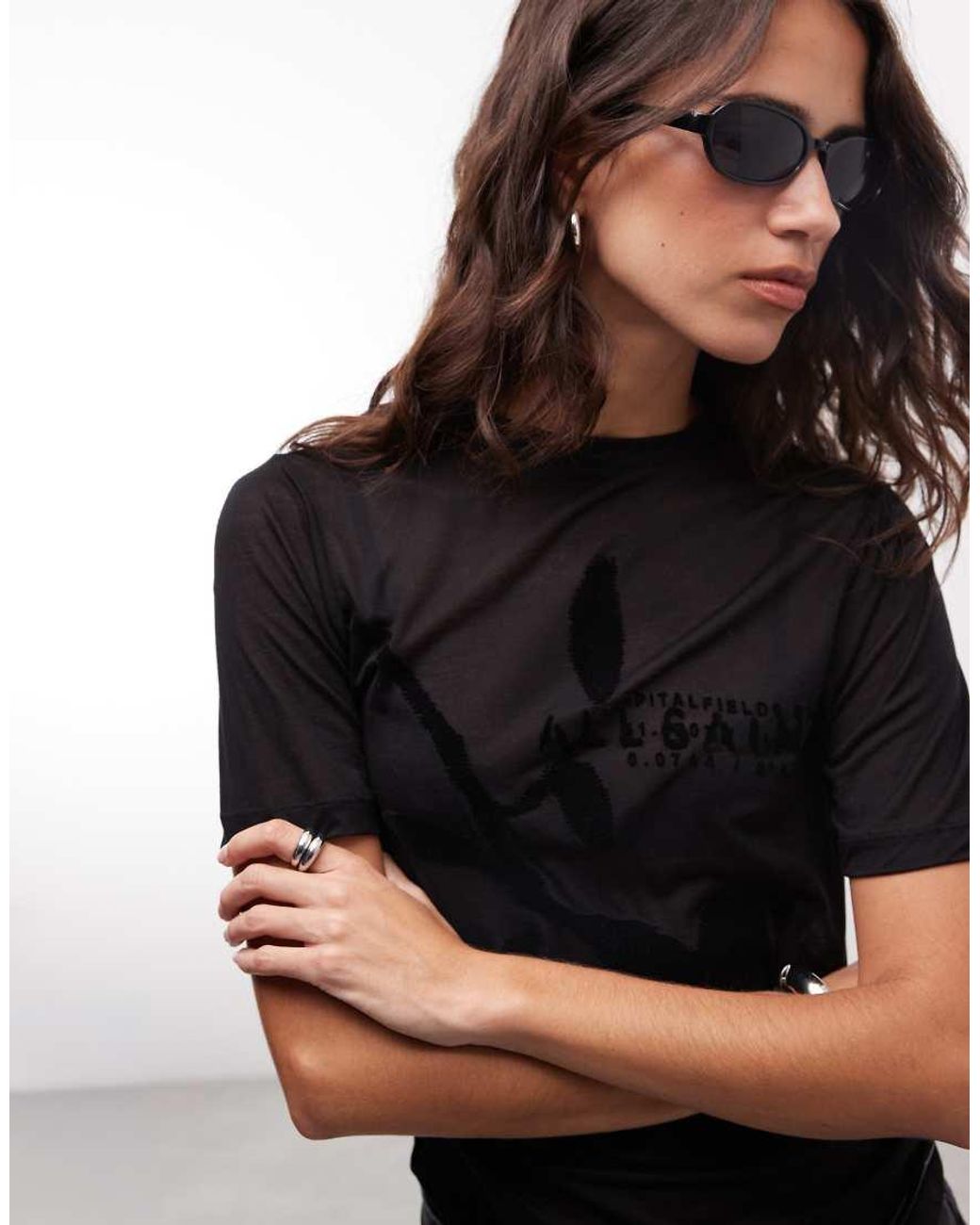 AllSaints Black Athea Short Sleeve Sheer Graphic Logo T-Shirt