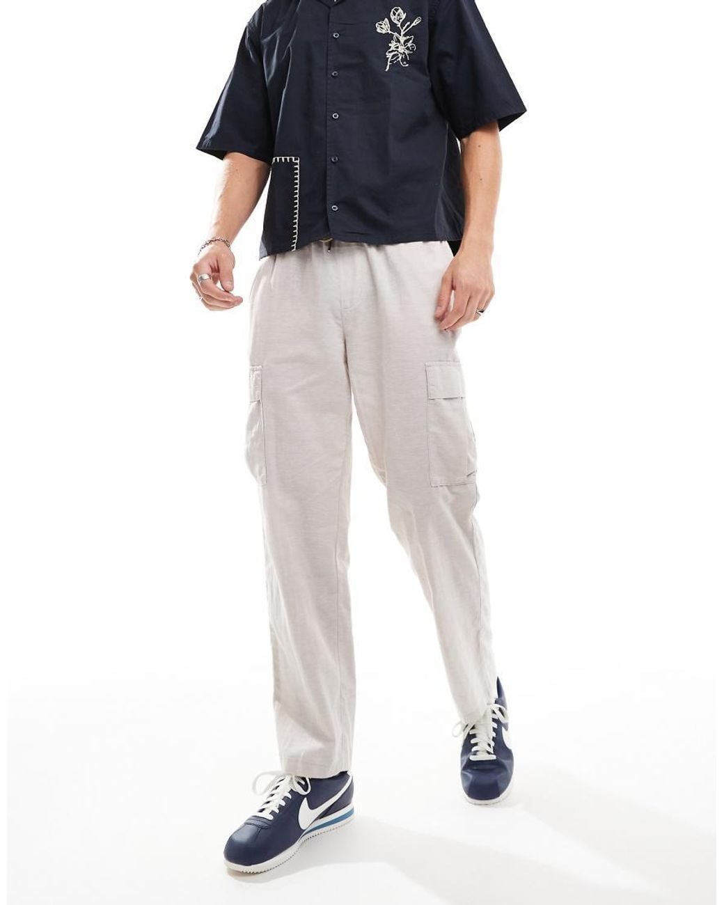 Jack & Jones White Tapered Linen Trouser With Cargo Pockets for men