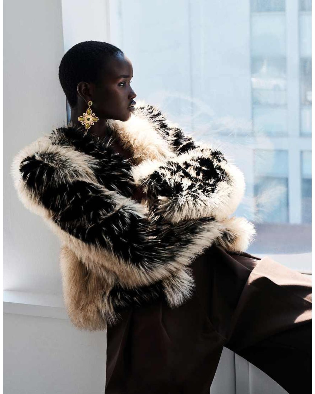 ASOS Black Collarless Patched Faux Fur Feathered Jacket