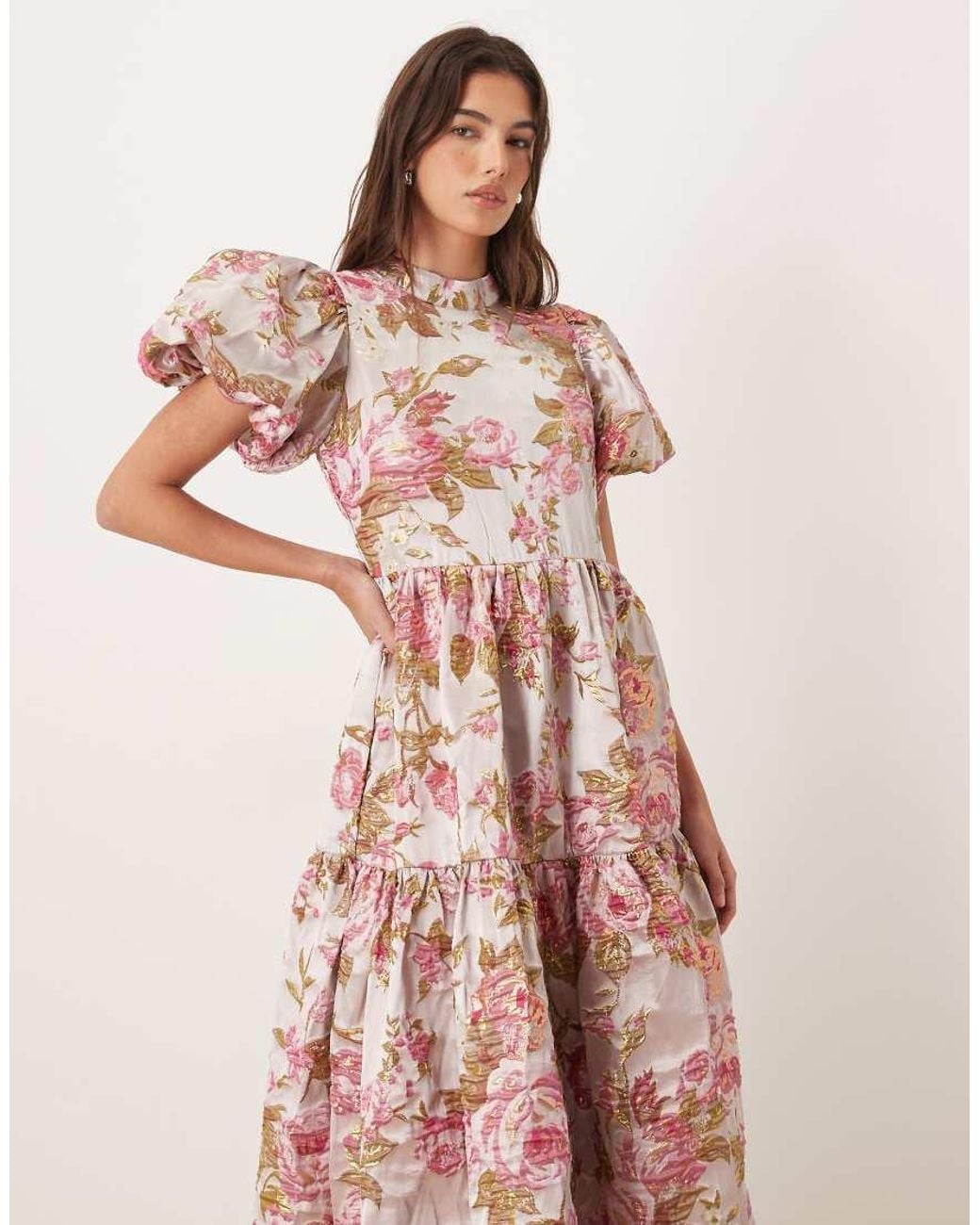 Sister Jane Pink Dream Almost Bloom Jacquard Puff Sleeve Tiered Ruffle Hem Midi Dress