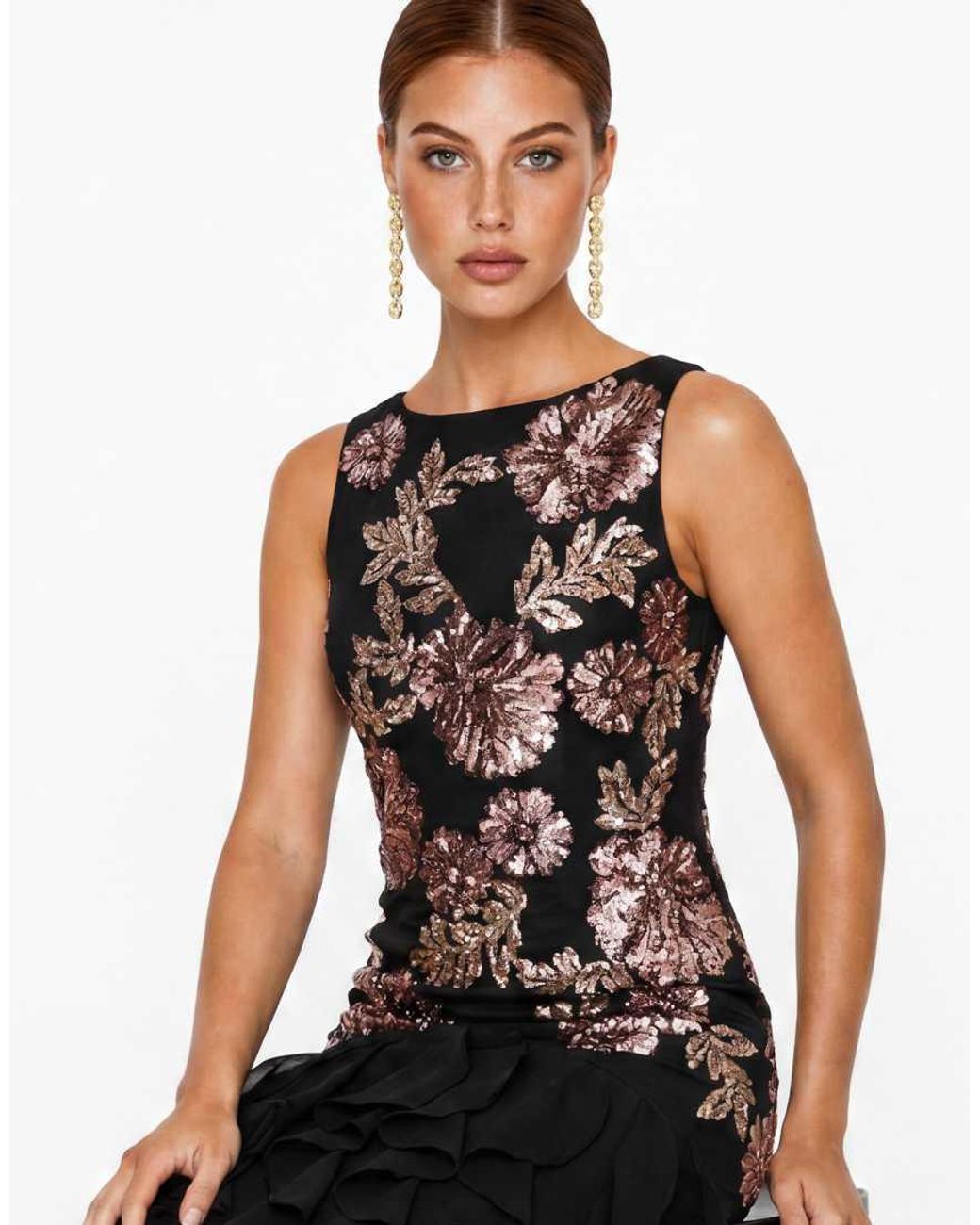 Maya Black Embellished Waterfall Ruffle Sleeveless Maxi Dress