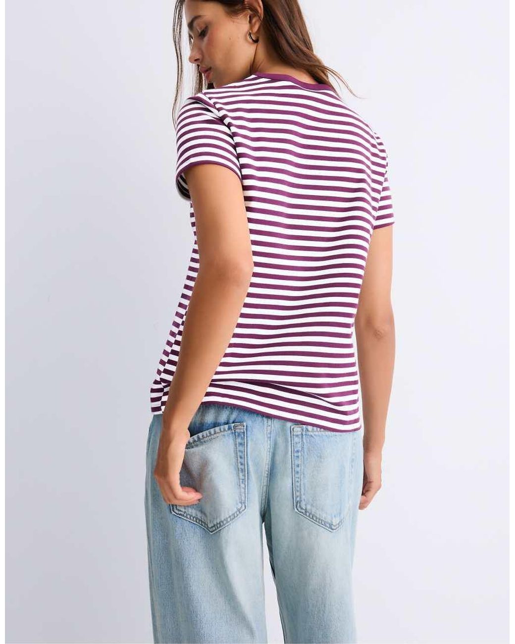Stradivarius Purple B02 Basic Striped Regular Fit Soft-touch T-shirt