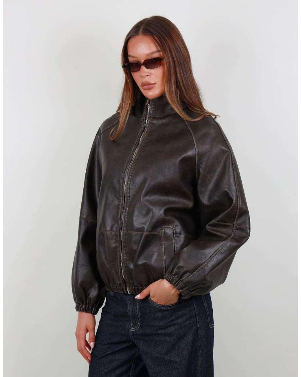 SIMMI Gray Oversized Funnel Neck Faux Leather Bomber