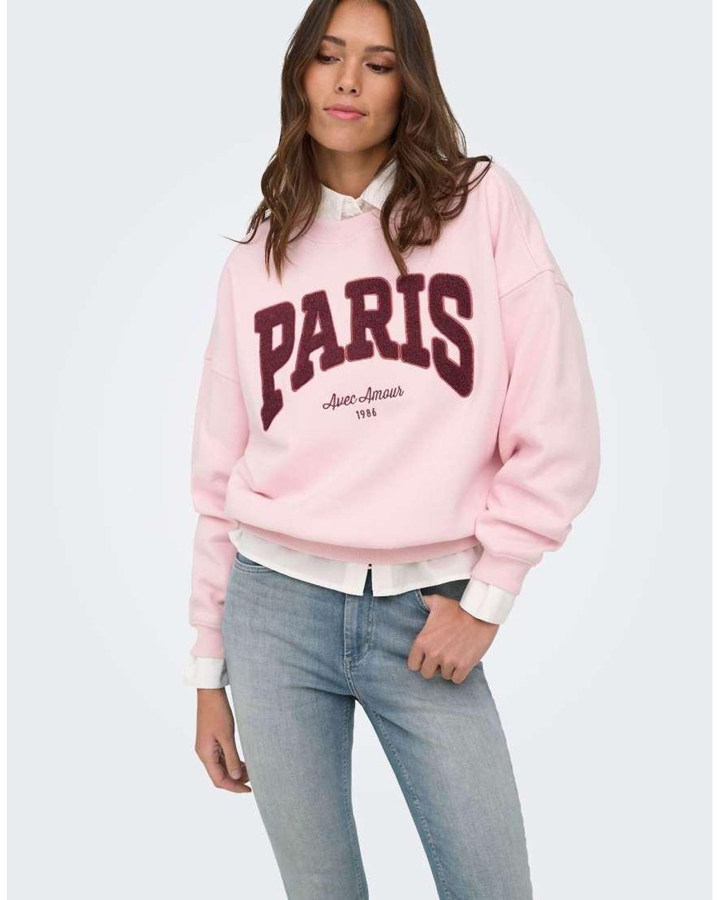 Jdy Pink Mesa Crew Neck Long Sleeve Embroidered Sweatshirt