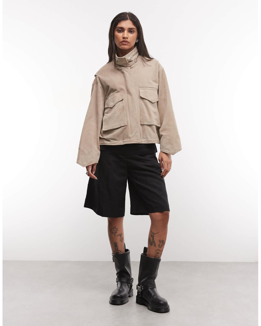 AllSaints Natural Clay Suede Leather Funnel Neck Jacket With Pocket Detailing