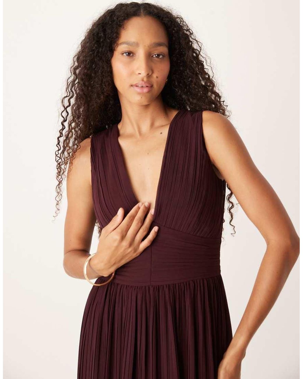 Six Stories Purple Pleated Plunge Maxi Dress