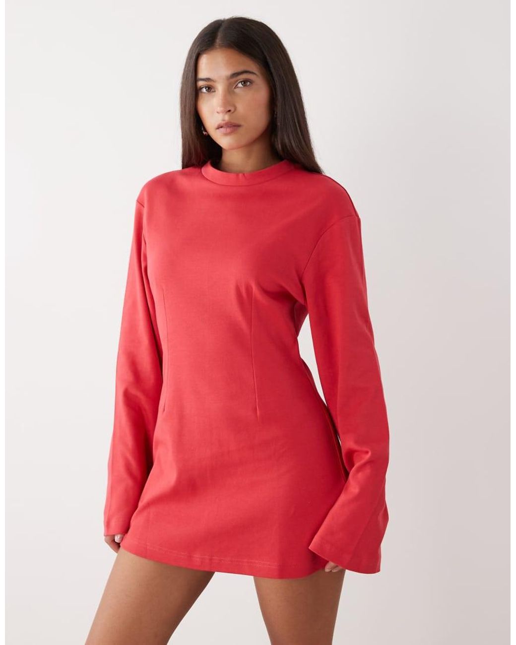 Monki Red Cinched Waist Long Sleeve Mini Dress