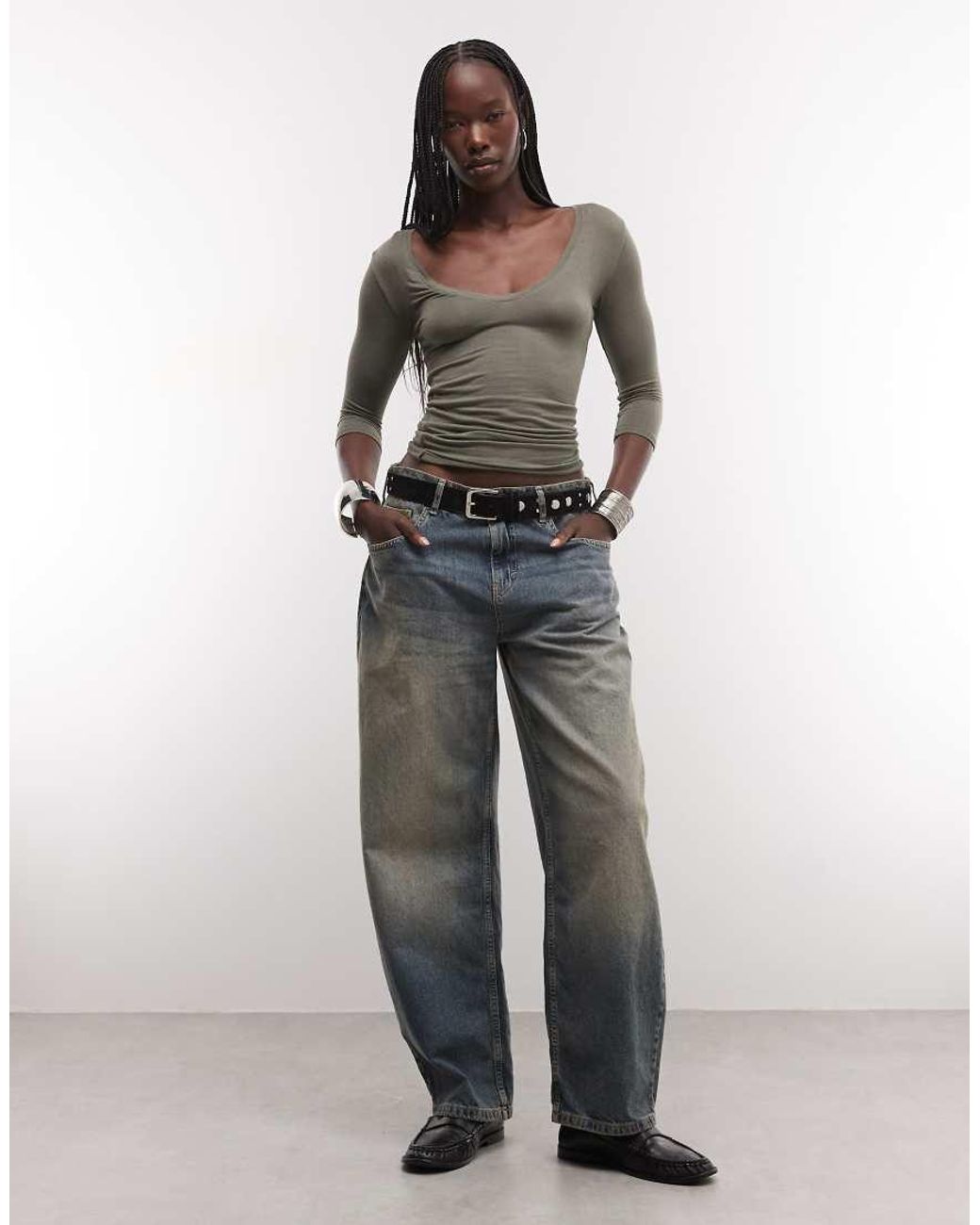 Weekday Gray V Neck 3/4 Sleeve Top