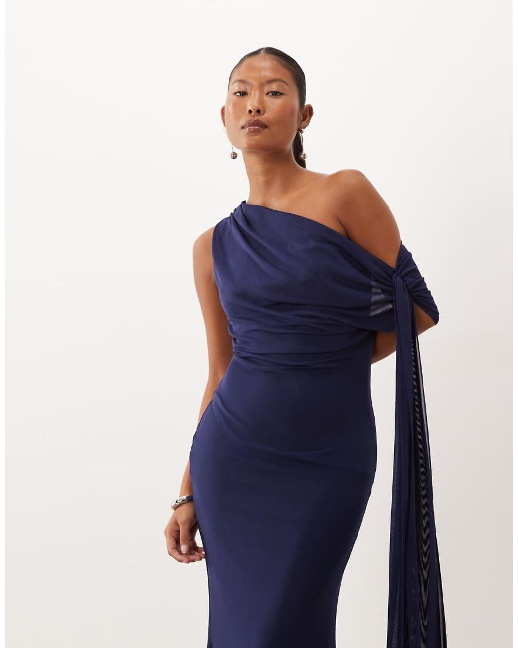 TFNC London Blue Mesh Draped One Shoulder Tie Detail Maxi Dress