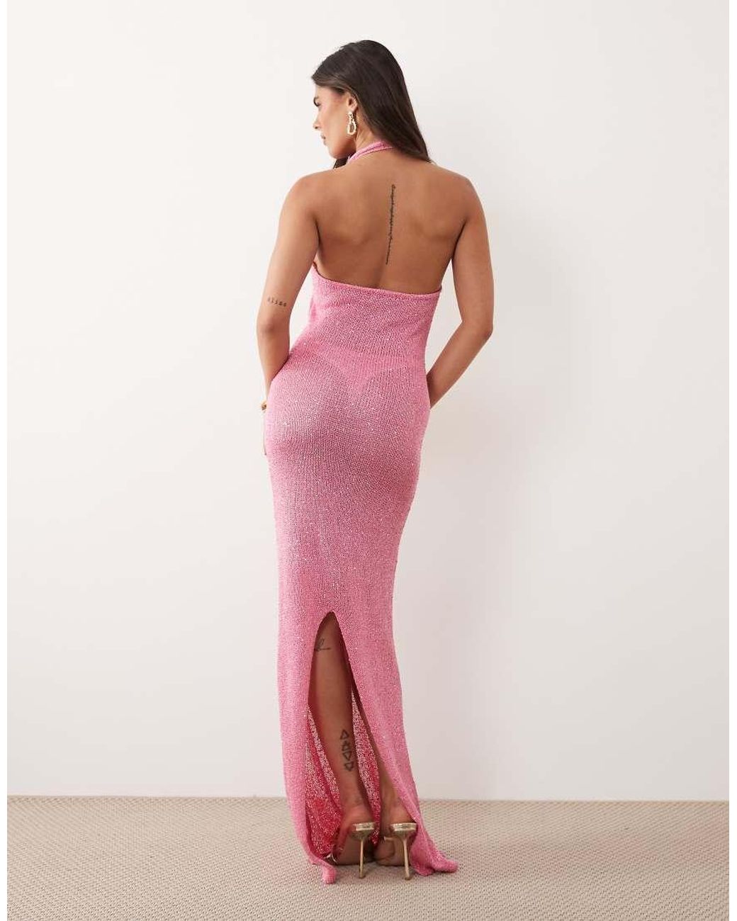 Noughts & Kisses Pink Cotton Blend Halterneck Sparkle Knit Maxi Dress