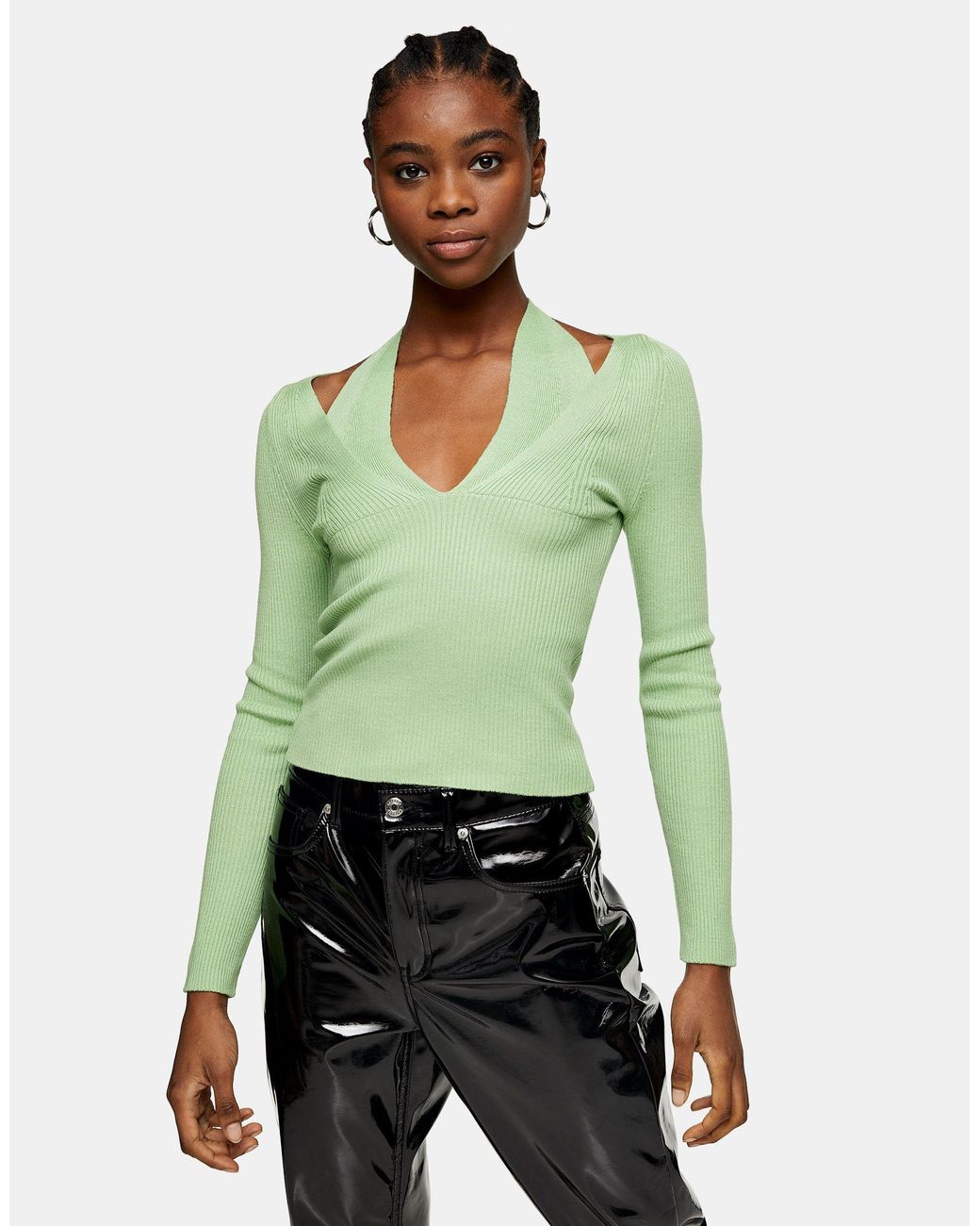 TOPSHOP Strappy Halterneck Cut Out Knitted Top in Green | Lyst Australia