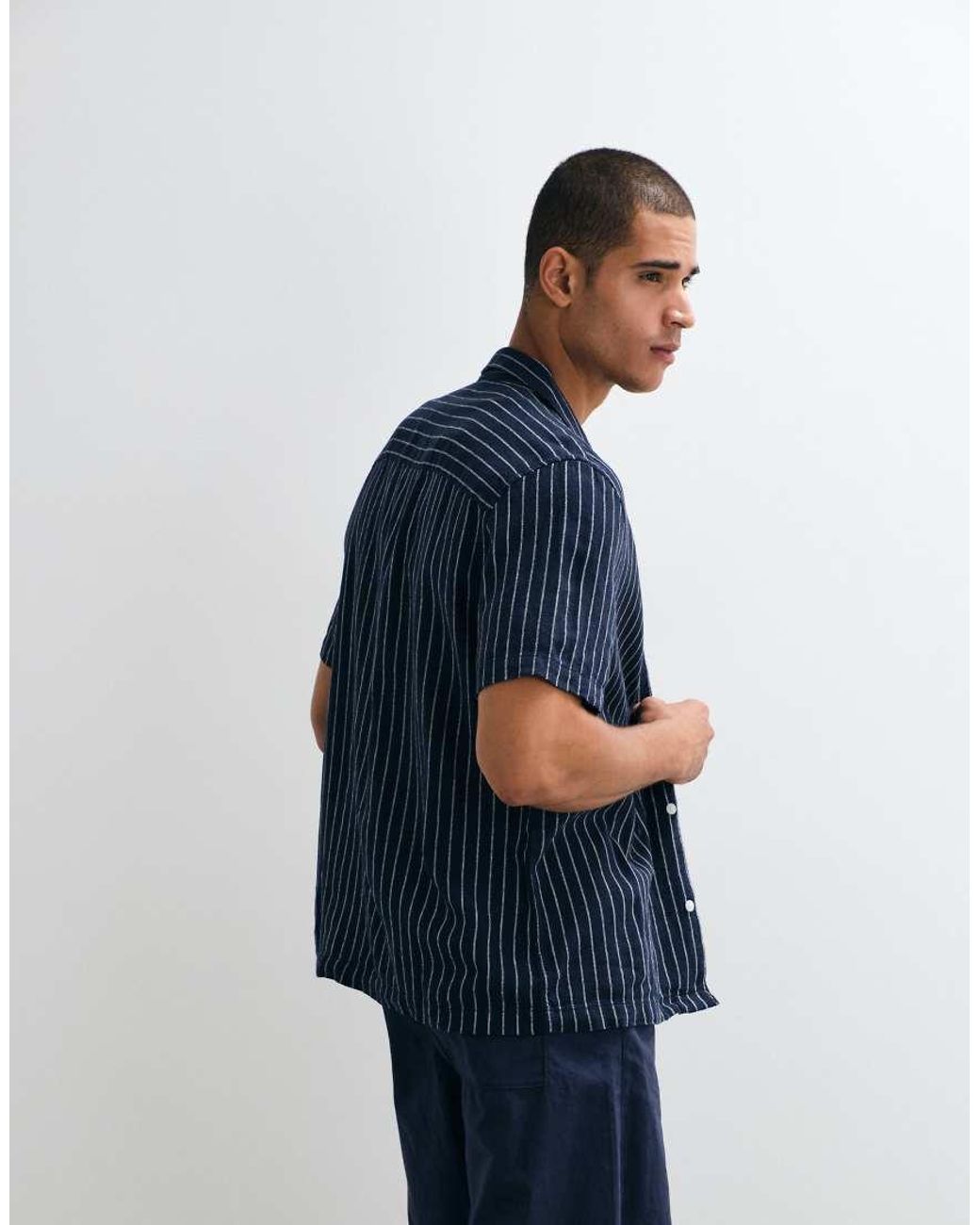 ASOS Blue Regular Fit Linen Blend Stripe Shirt for men