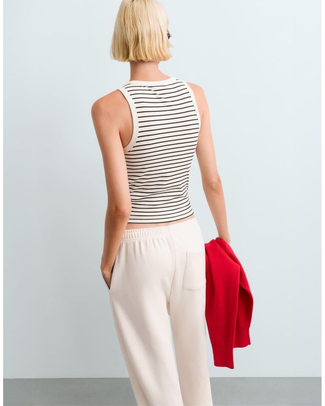 Oysho White Long Rib Round Neck Striped Modal Tank Top