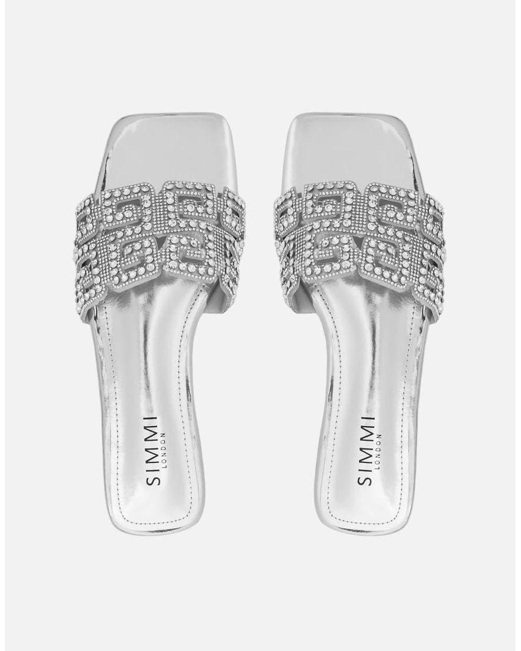 SIMMI White Rania Mirror Diamante Patterned Flats Sandals