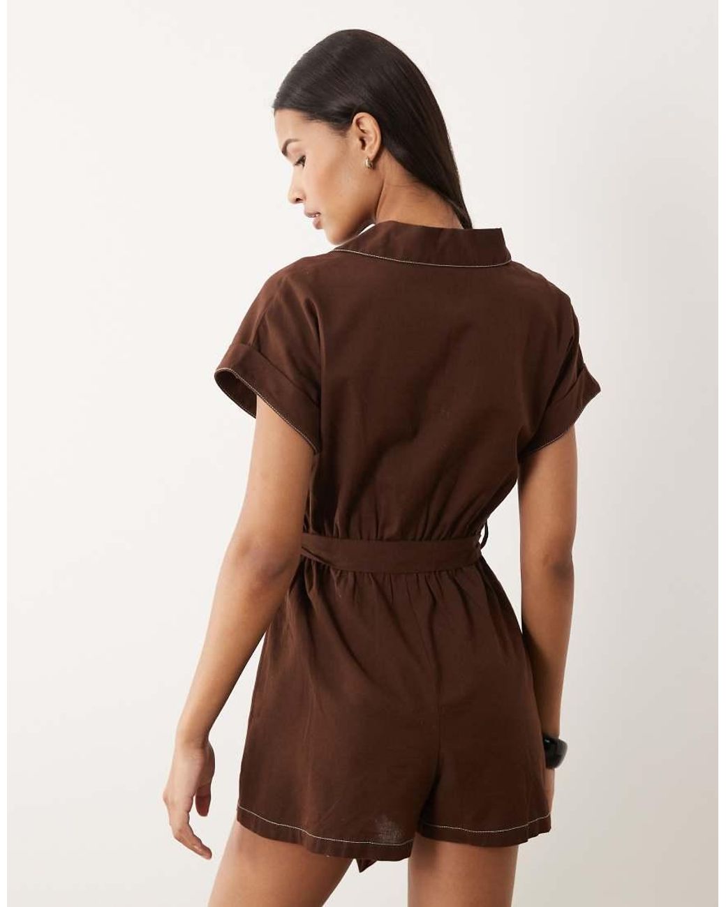 Wednesday's Girl Brown Short Sleeve Tie Waist Playsuit