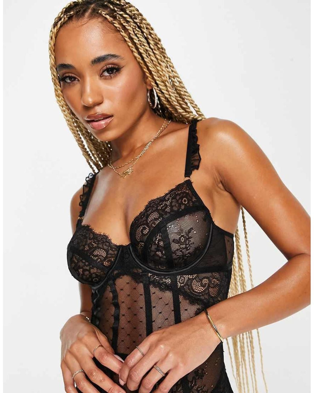 Ann Summers Black Sweetheart Lace And Spot Mesh Underwired Bodysuit With Lace Frill Strap Detail