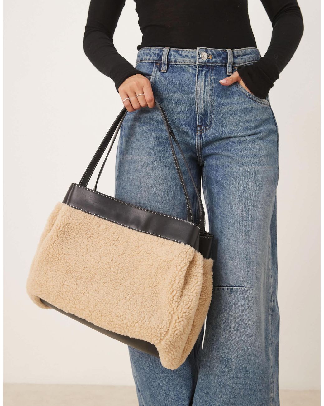 ASOS Black Faux Shearling Tote With Contrast Panel