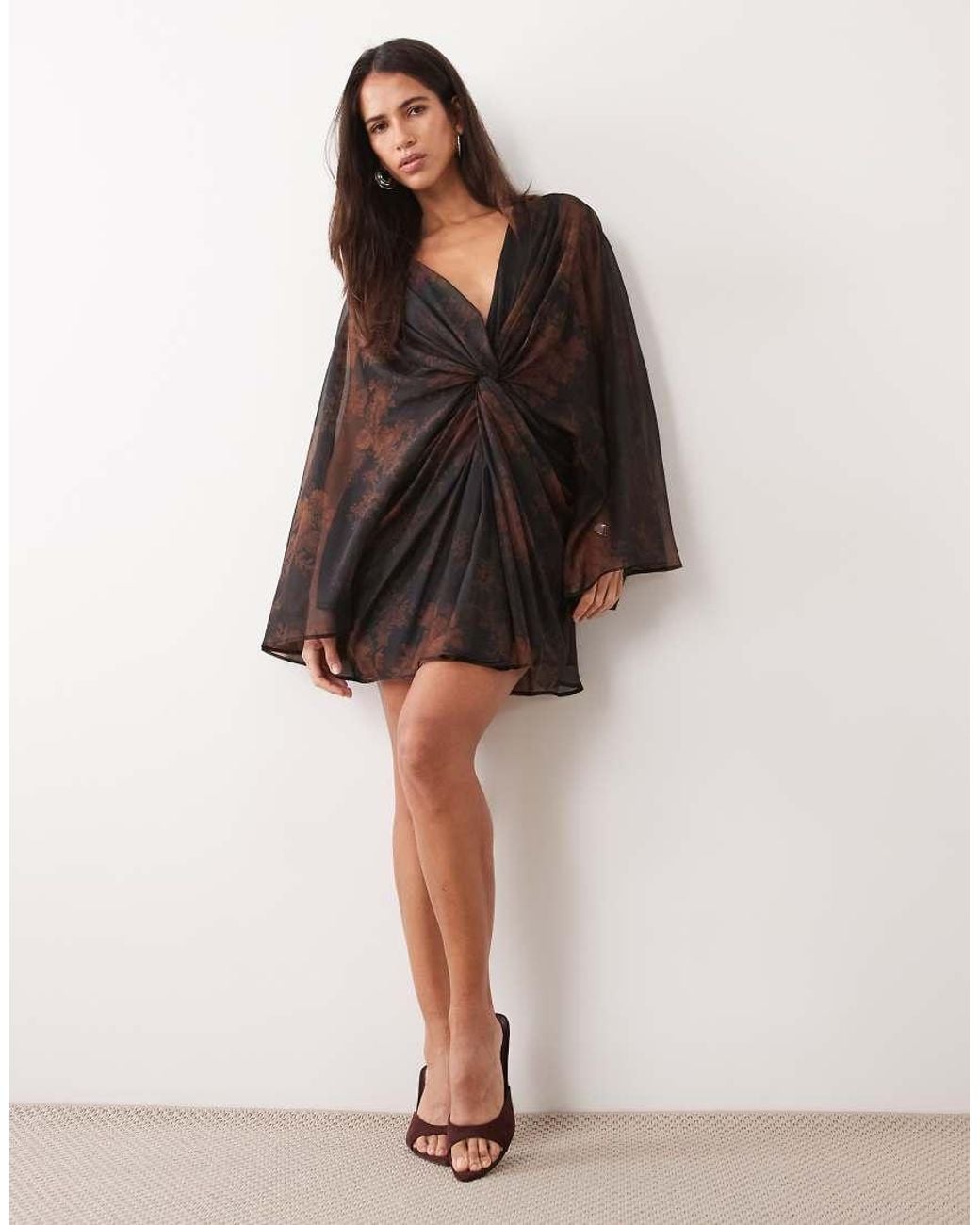 ASOS Brown Long Sleeve Twist Front Mini Dress With Open Back